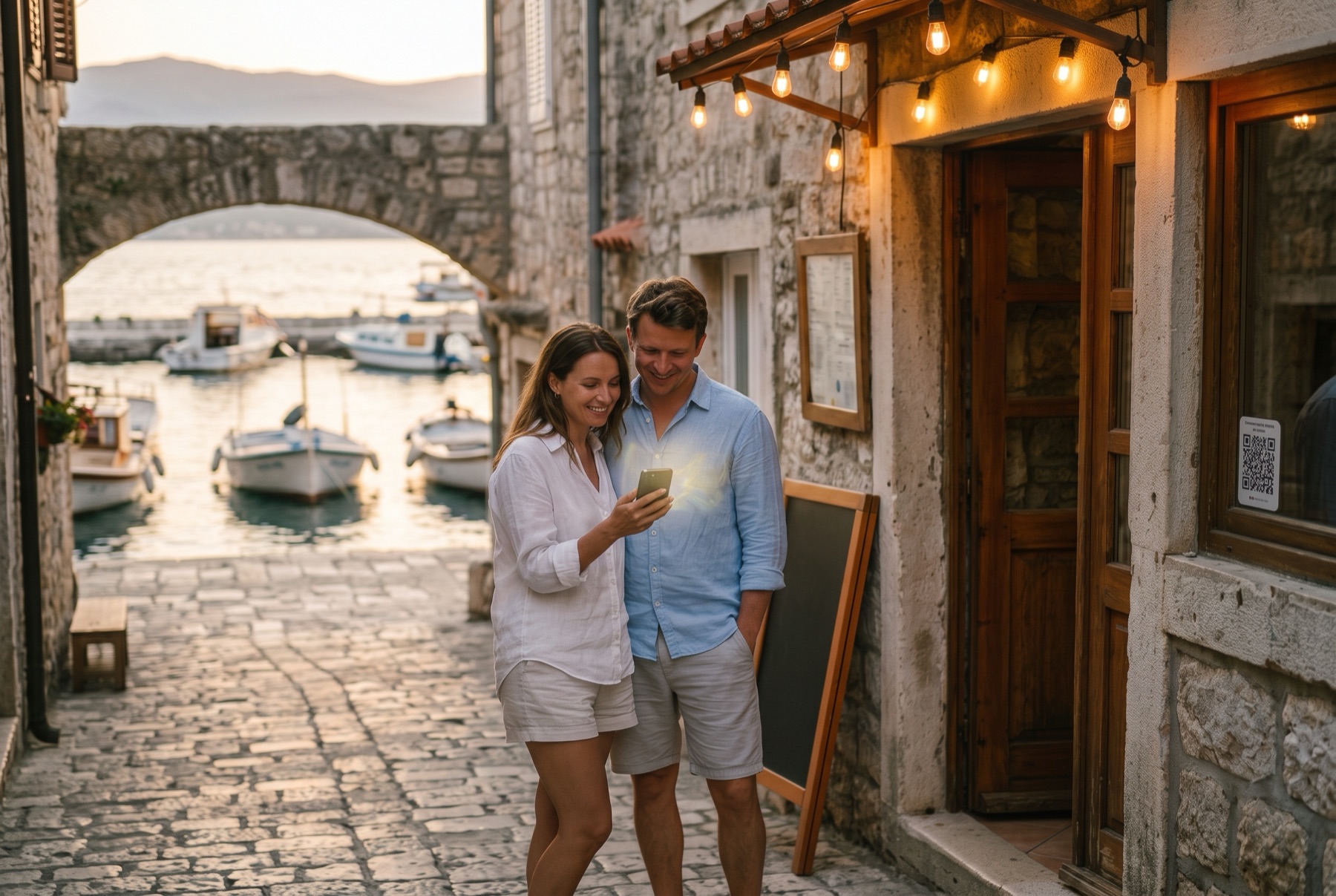 Turist ispred restorana čita recenzije na mobitelu i odlučuje ući